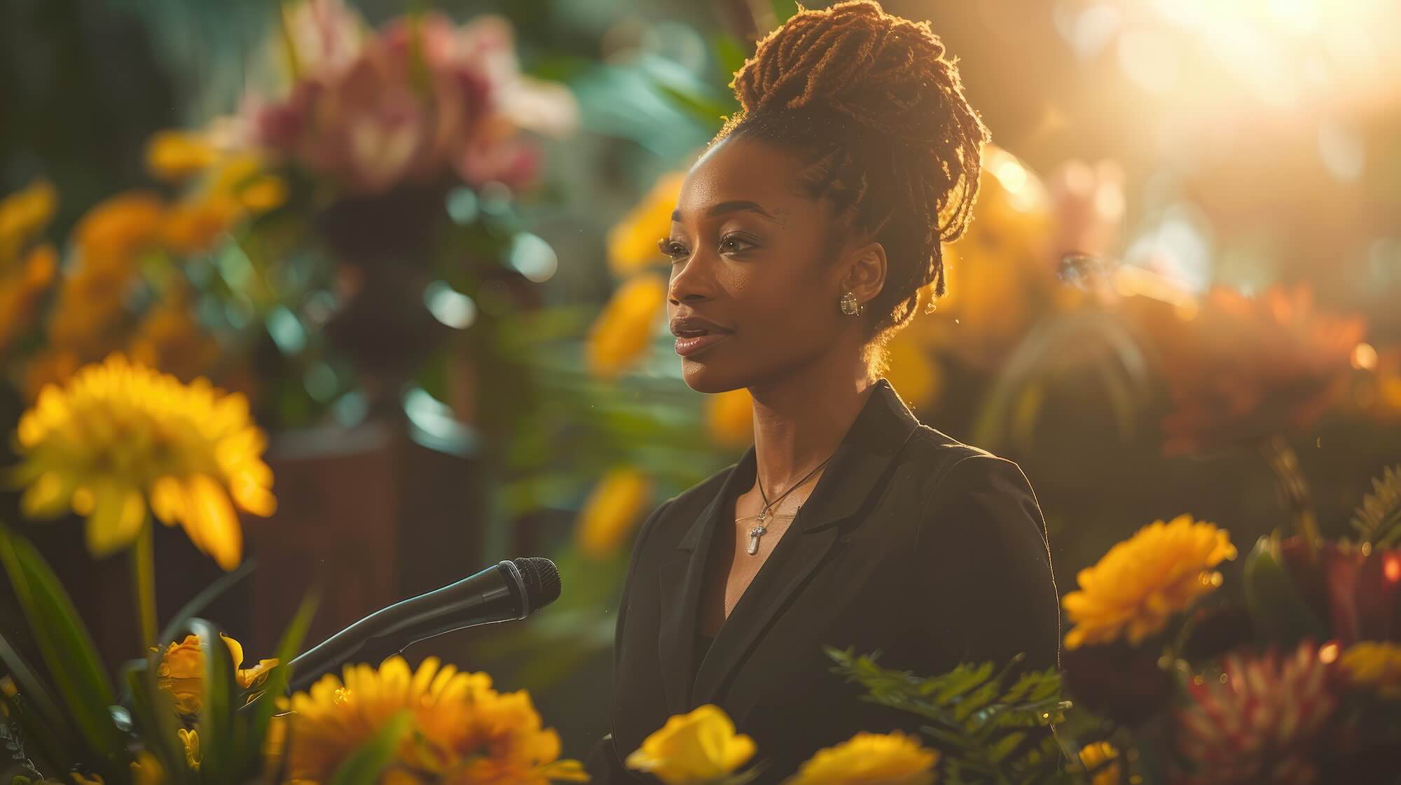 Woman delivering a eulogy surrounded by flowers